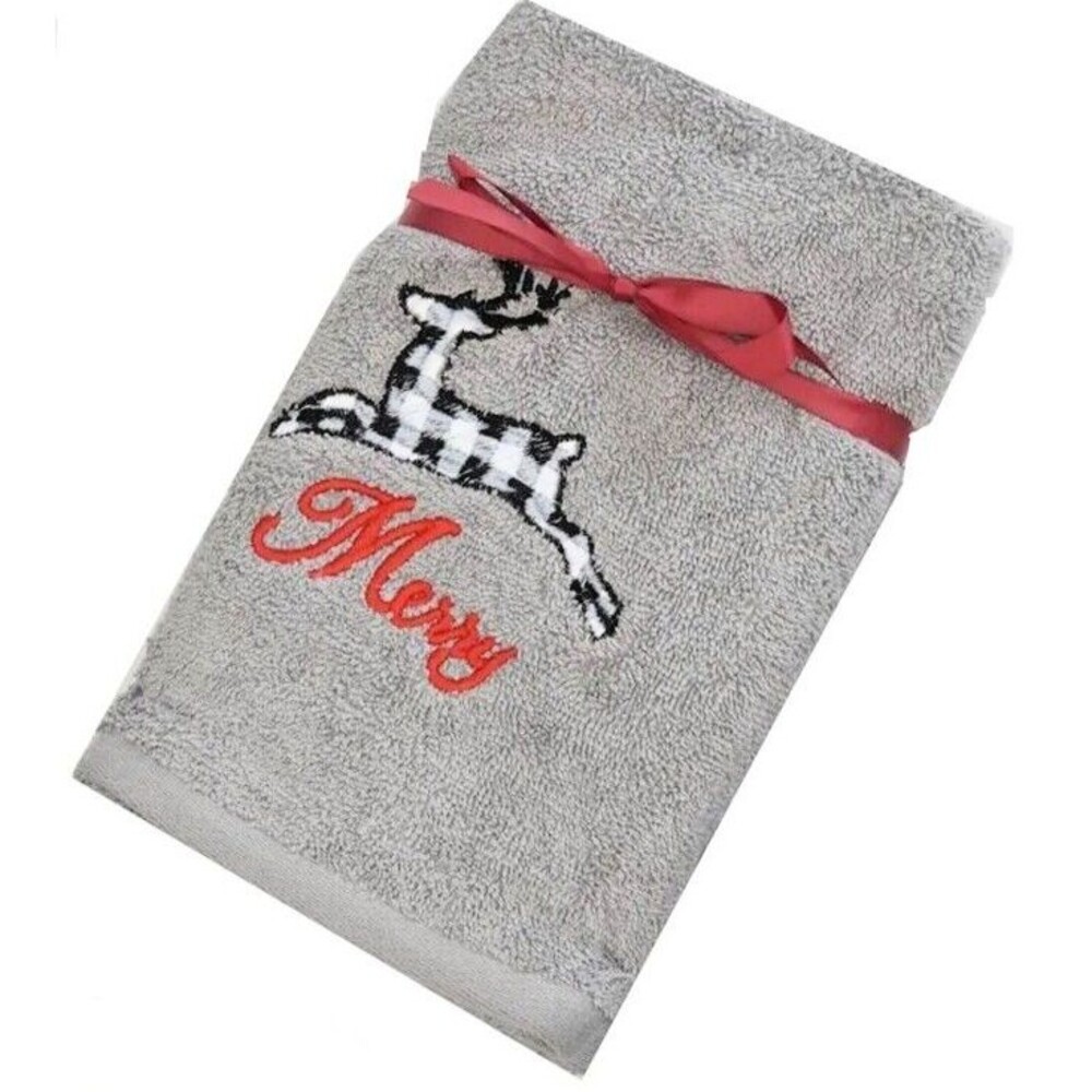 Avanti Christmas Reindeer Embroidered Hand Towels Buffalo Check Bath Set of 2